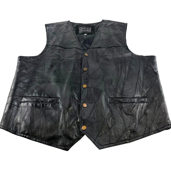 Navarre Leather Italian Stone Design Black Leather Patchwork Vest Biker Sz XL - Picture 1 of 7